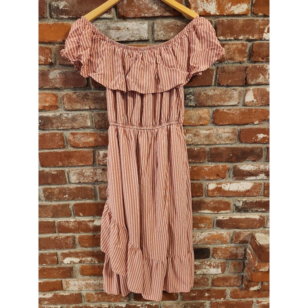 205 Collins Pink White Striped Off Shoulder Ruffled Flounce Dress. Size M